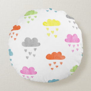 Coussins Ronds Nuages de rêve : pluie cardiaque aquarelle