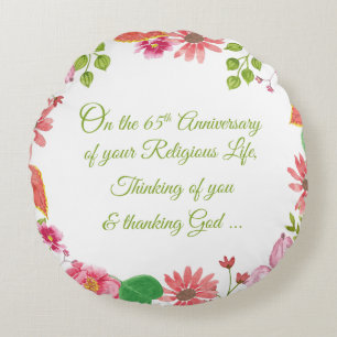 Coussins Ronds Nun Religious 65e Anniversaire Fleurs aquarelles