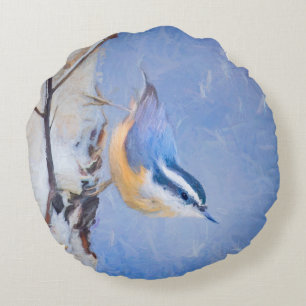 Coussins Ronds Nuthatch à poitrine rouge Peinture d'art original 