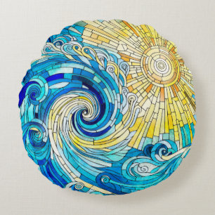 Coussins Ronds Ocean Wave Sun mosaïque art