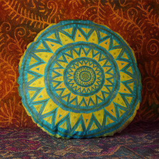 Coussins Ronds Ocre et turquoise bohème céleste tribal ethnique