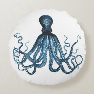 Coussins Ronds Octopus kraken nautique plage côtière bleu