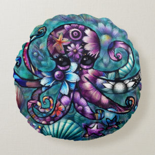 Coussins Ronds Octopus lunaire Floral Turquoise Purple Bleu Côte