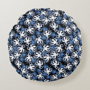 Coussins Ronds Octopus noir, blanc et bleu Motif sans couture