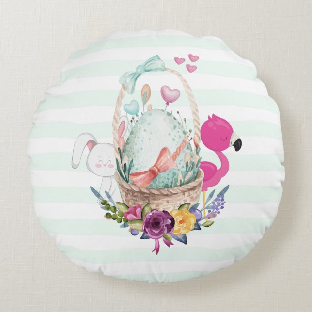 Coussins Ronds Oeuf mou dans un panier avec Flamant rose et lapin (Devant)