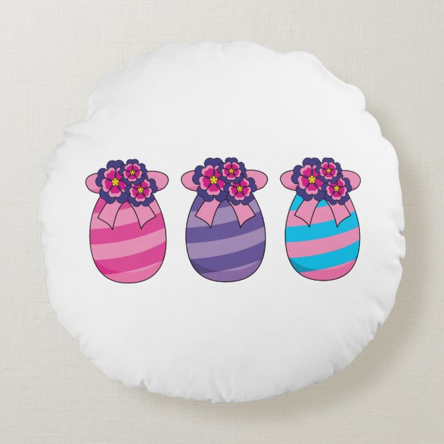 Coussins Ronds Oeufs de Pâques aux fleurs et au ruban (Devant)