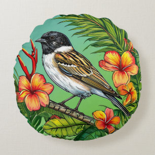 Coussins Ronds Oeuvre d'art d'oiseau tropical exotique avec fleur