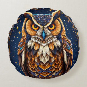 Coussins Ronds Œuvre d'art élégante de hibou cosmique avec plume 