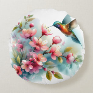 Coussins Ronds OEuvre florale/printanière de colibri