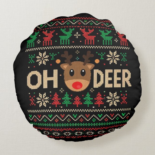Coussins Ronds Oh Deer Ugly Christmas Sweater Throw Pillow (Dos)