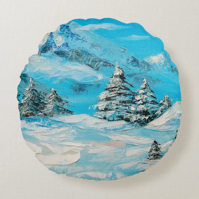 Coussins Ronds  oil painting, winter mountain landscape with spru (Devant)
