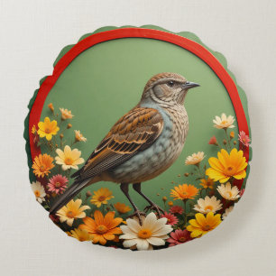 Coussins Ronds Oiseau coloré parmi des fleurs épanouies dans un d
