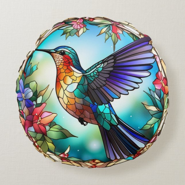 Coussins Ronds Oiseau de Humming dans le style de verre tendu (Devant)