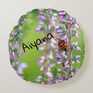 Coussins Ronds Oiseau de laine sur fleur violette -