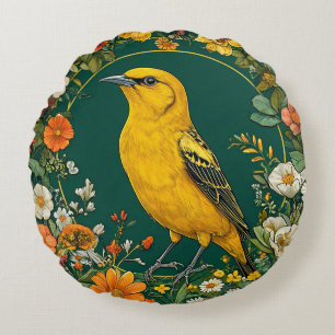 Coussins Ronds Oiseau encadré par des fleurs vibrantes