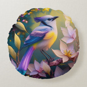 Coussins Ronds Oiseau Fantastique Violet à Tufté et Poitrine Jaun