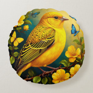 Coussins Ronds Oiseau perché vibrant floral nature cadeau inspiré
