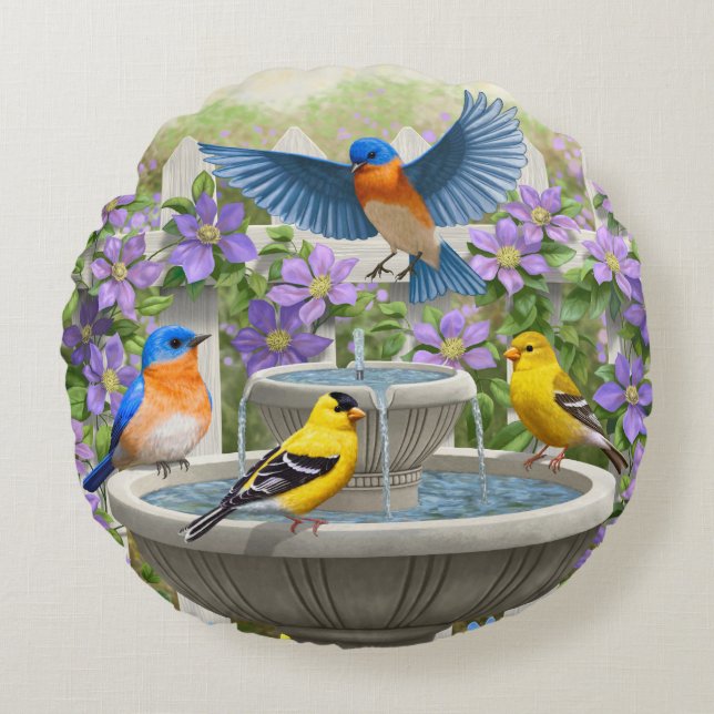 Coussins Ronds Oiseaux colorés et jardin de fleurs de bain d'oise (Devant)