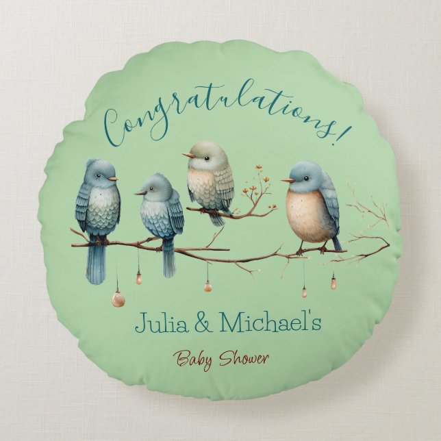 Coussins Ronds Oiseaux de Whimsical sur Branches Baby shower Past (Devant)
