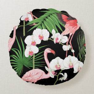 Coussins Ronds Oiseaux Plante tropicaux Illustration colorée