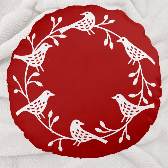 Coussins Ronds Oiseaux scandinaves avec couronne de rosehips (Red and white Scandinavian bird wreath festive round pillow)
