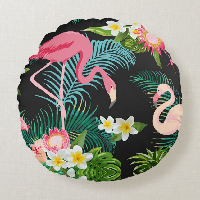 Coussins Ronds Oiseaux tropicaux Fleurs Flamant rose Paysage aqua (Devant)