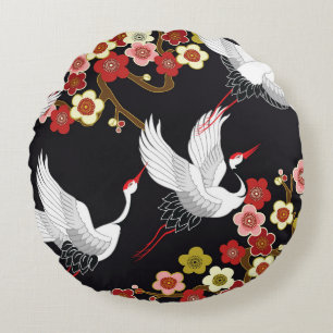 Coussins Ronds Oiseaux volants : Heron de grue japonais.