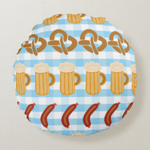 Coussins Ronds Oktoberfest : bière, bretzel, motif de saucisses