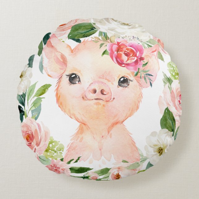 Coussins Ronds Olivia Pigsley Cochon au couronne de fleurs rose (Devant)