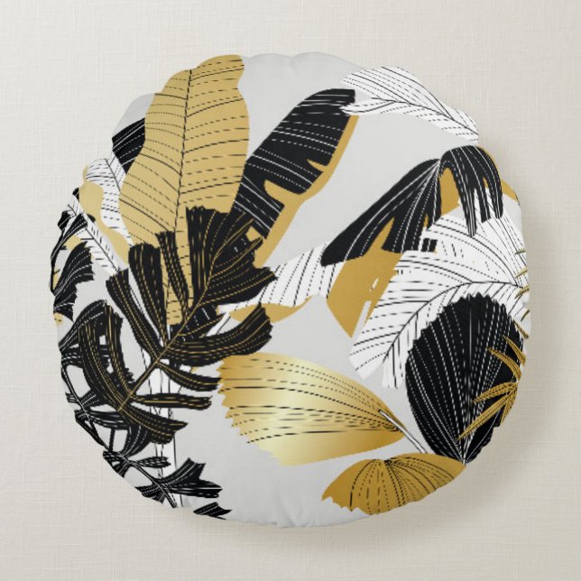 Coussins Ronds Or, plantes tropicaux noirs : luxe. (Devant)