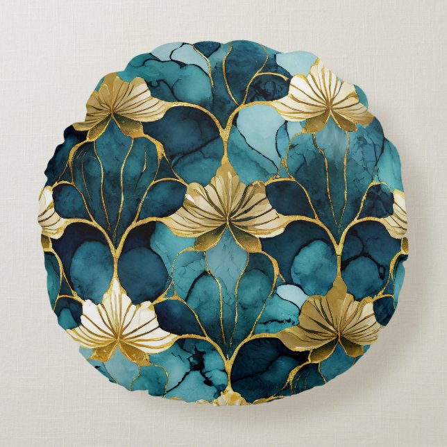 Coussins Ronds Or Turquoise floral japonais (Devant)