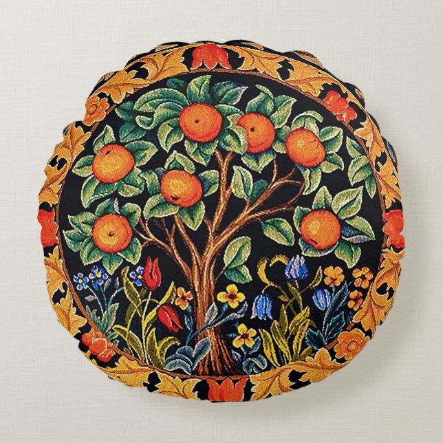 COUSSINS RONDS ORANGE ARBRE AVEC FEUILLES VERTS, FLEURS (Devant)