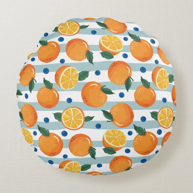 Coussins Ronds Oranges à rayures arrière - plan, motif d'été. (Devant)