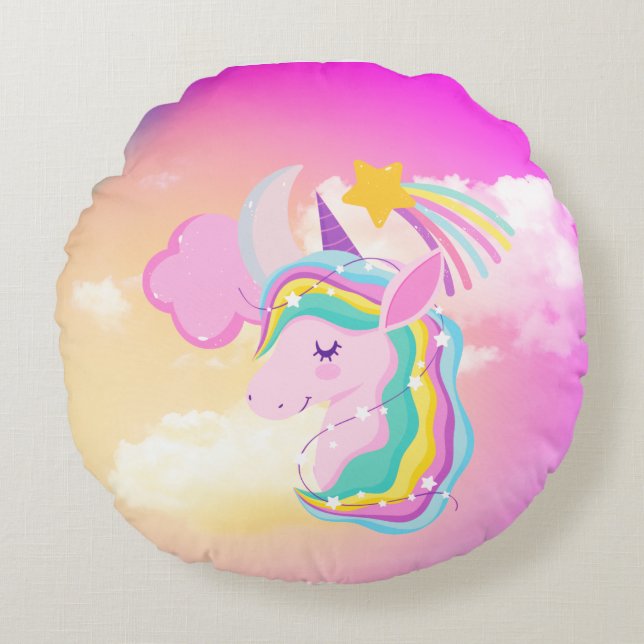 Coussins Ronds Oreiller à lancer arc-en-ciel Fushcia Unicorn (Devant)