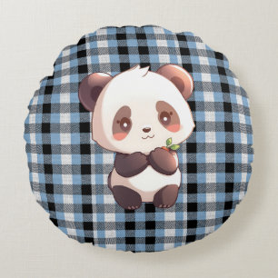 Coussins Ronds Oreiller jeté Panda à carreaux bleus