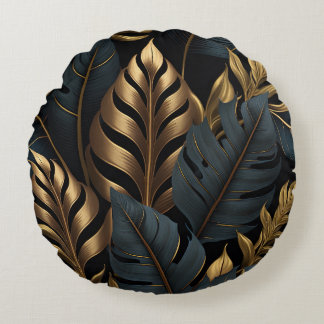 Coussins Ronds Oreiller noir foncé et Feuille doré