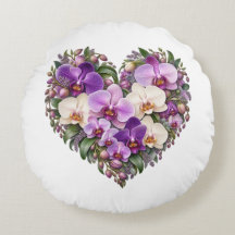 Oreiller rond à cœur floral d'orchidée ivoire pour