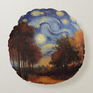 Coussins Ronds Oreiller rond artistique Forêt d'automne étoilée