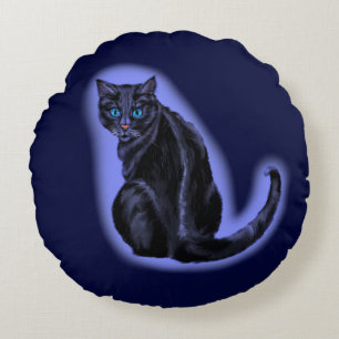 Coussins Ronds Oreiller Rond Chat Noir aux Yeux Bleus