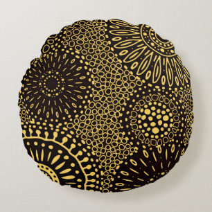 Coussins Ronds Oreiller Rond Décoratif Floral Ethnique Or Noir