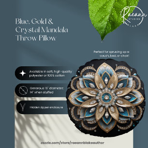 Coussins Ronds Oreiller rond mandala bleu, or et cristal