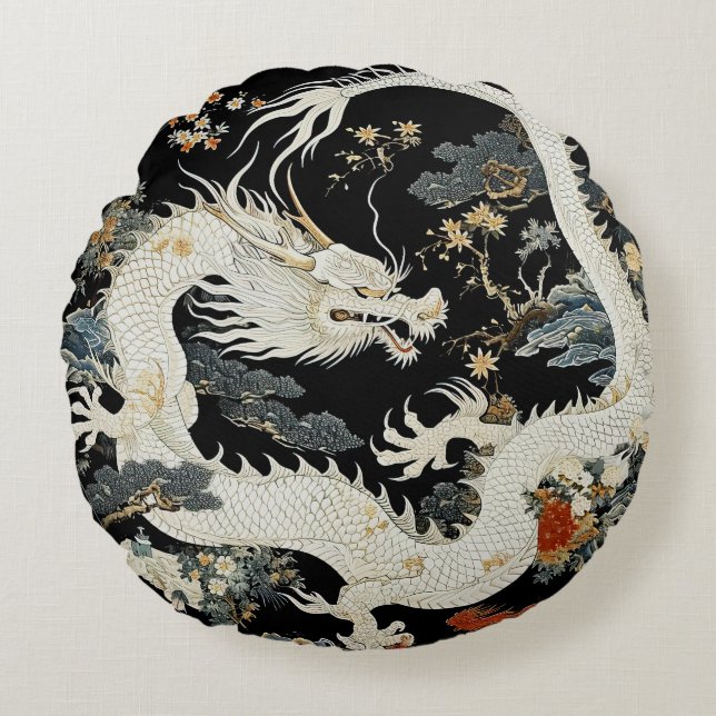 Coussins Ronds Oreillers à lancer ronde Dragon asiatique blanc (Devant)