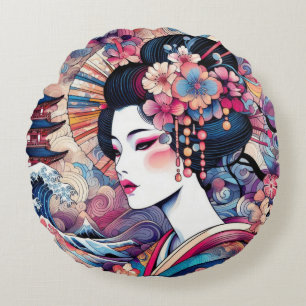 Coussins Ronds Oriental abstrait Geisha fleurs roses vagues
