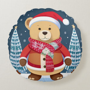 Coussins Ronds Ours en peluche festif avec chapeau de Père Noël