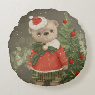 Coussins Ronds Ours en peluche mignon en costume claus près de no