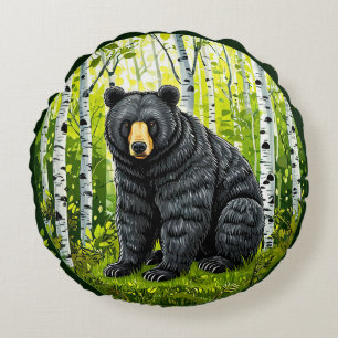 Coussins Ronds Ours noir dans une forêt de bouleaux