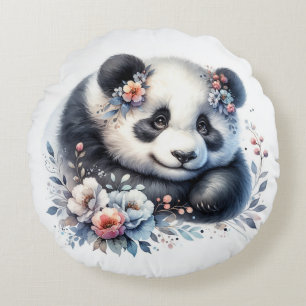 Coussins Ronds Ours Panda mignonne et fleurs