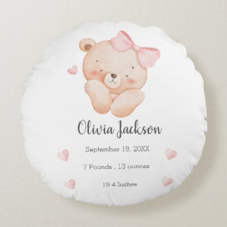 Coussins Ronds Ours rose personnalisé pour bébé fille