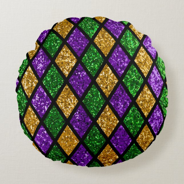 Coussins Ronds Paillette brillante verte, violette et dorée (Devant)