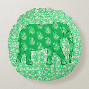 Coussins Ronds Paisley éléphant - Jade vert et blanc